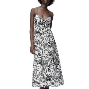 NWOT. Zara Black and White Abstract Print Front Tie Knot Maxi Dress. Size M